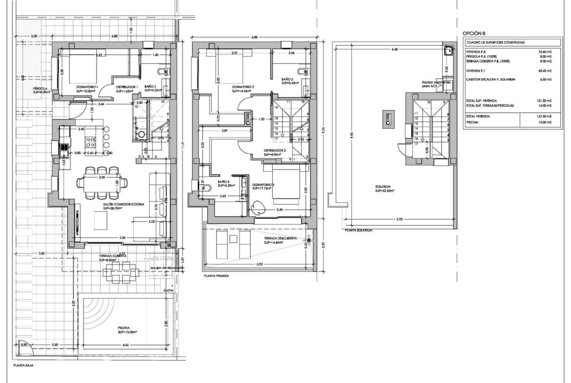 Modern, detailed floor plan of a key-ready new build villa with private pool and spacious terraces in San Pedro del Pinatar, Costa Cálida.