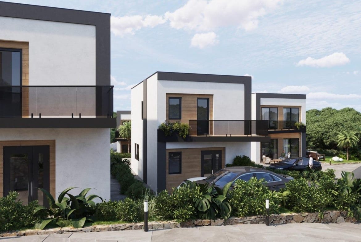 Modern energy-efficient 3 bedroom villas with sleek balconies and landscaped greenery for sale in Finestrat, Benidorm.