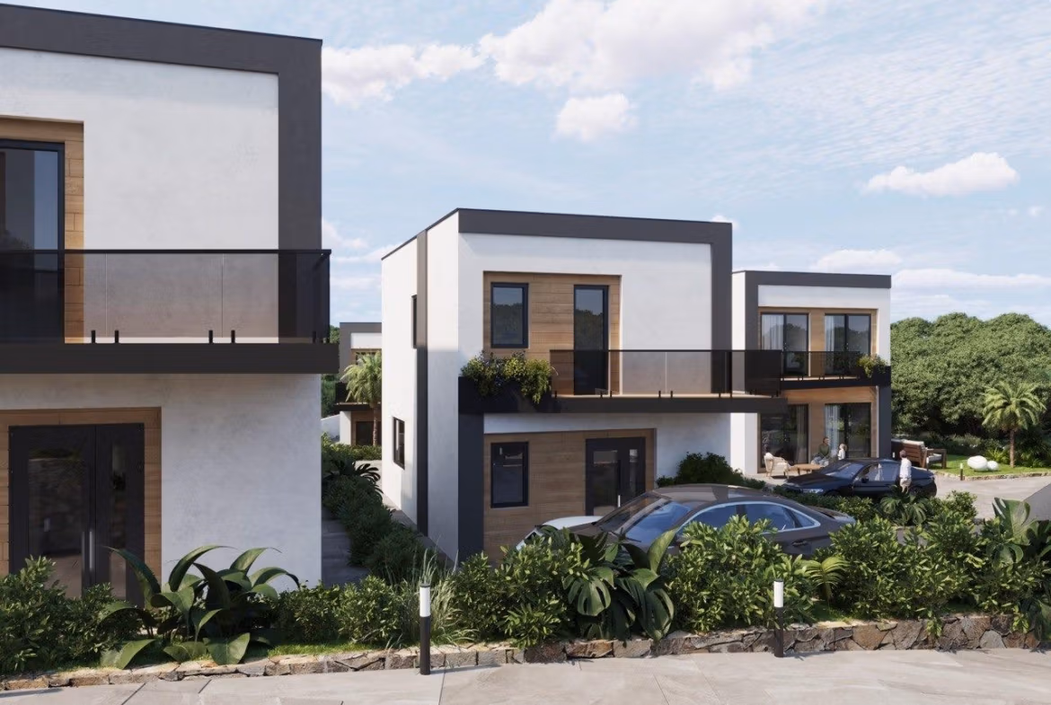 Modern-New-Build-Villas-in-Finestrat-with-Private-Pool-Near-Benidorm-10 Modern energy-efficient 3 bedroom villas with sleek balconies and landscaped greenery for sale in Finestrat, Benidorm.
