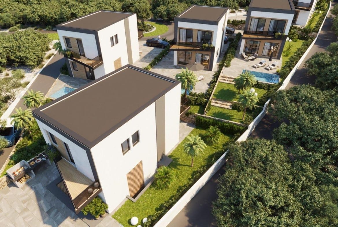 Modern energy-efficient 3-bedroom villas with private pools and landscaped gardens in tranquil Finestrat, Benidorm.