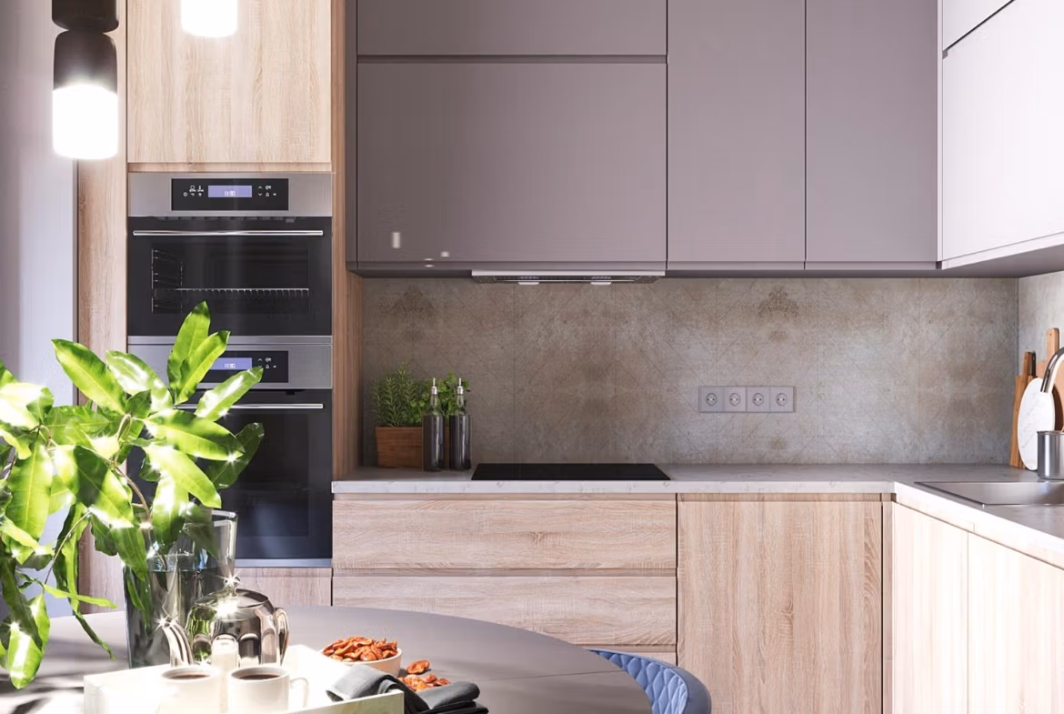 Modern-New-Build-Villas-in-Finestrat-with-Private-Pool-Near-Benidorm-17 Bright modern kitchen with sleek cabinetry and dining area in energy-efficient 3-bedroom villa in Finestrat, Benidorm
