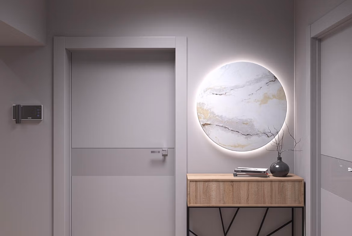 Modern-New-Build-Villas-in-Finestrat-with-Private-Pool-Near-Benidorm-19 Elegant modern entrance hallway with sleek lighting and artistic mirror in energy-efficient 3-bedroom villa in Finestrat, Benidorm