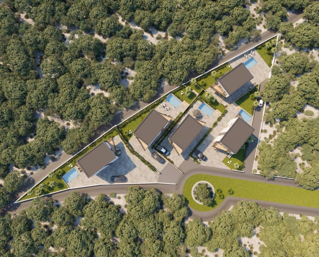 Modern-New-Build-Villas-in-Finestrat-with-Private-Pool-Near-Benidorm-2 Aerial view of modern, energy-efficient 3-bedroom villas in Finestrat, each with landscaped gardens and private pools nestled in lush greenery.