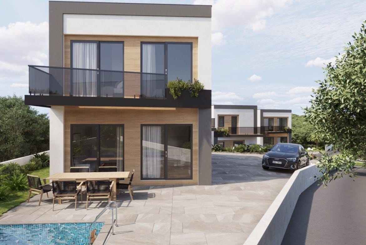 Modern energy-efficient 3-bedroom villa in Finestrat with sleek balcony, private pool, and sunlit spacious terrace.
