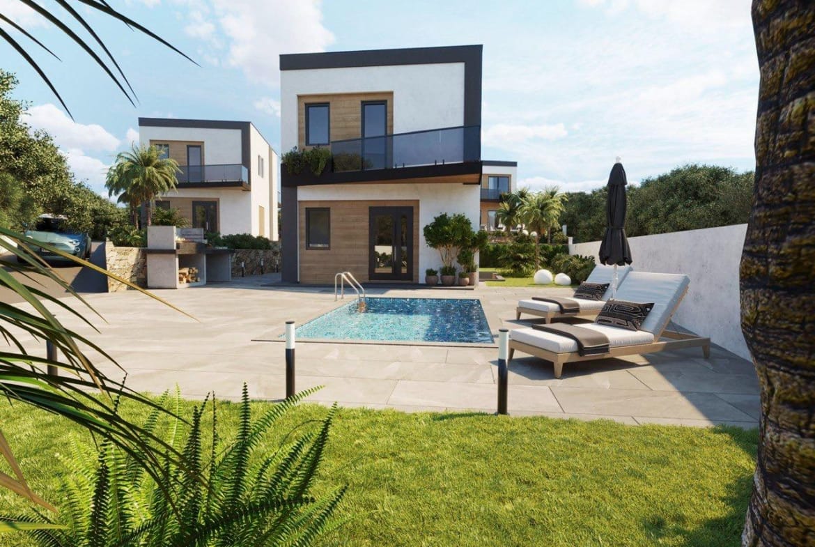 Modern energy-efficient 3-bedroom villa in Finestrat with a private pool, sunlit terrace, and lush landscaped garden.