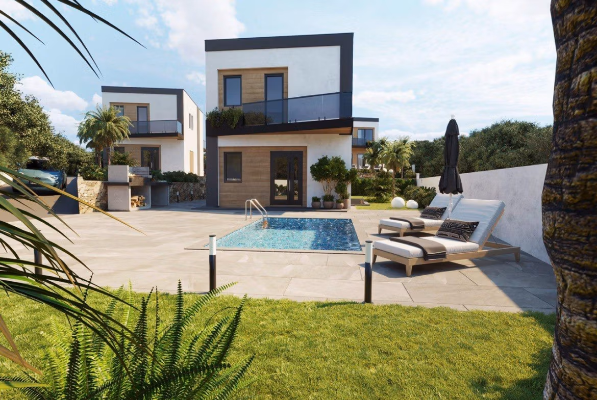 Modern-New-Build-Villas-in-Finestrat-with-Private-Pool-Near-Benidorm-5 Modern energy-efficient 3-bedroom villa in Finestrat with a private pool, sunlit terrace, and lush landscaped garden.