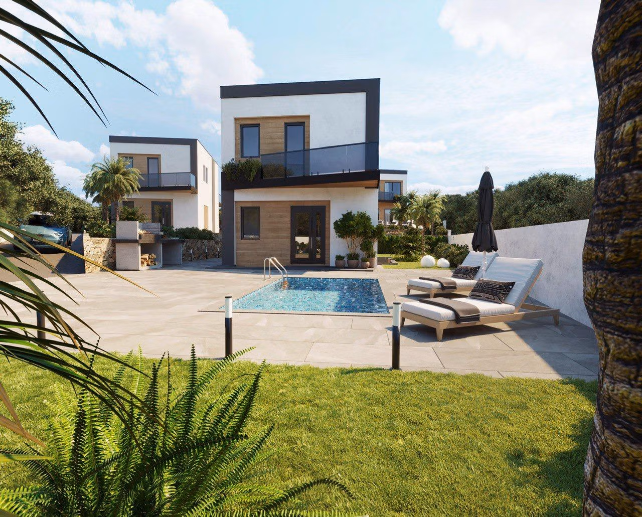 Modern-New-Build-Villas-in-Finestrat-with-Private-Pool-Near-Benidorm-5 Modern energy-efficient 3-bedroom villa in Finestrat with a private pool, sunlit terrace, and lush landscaped garden.