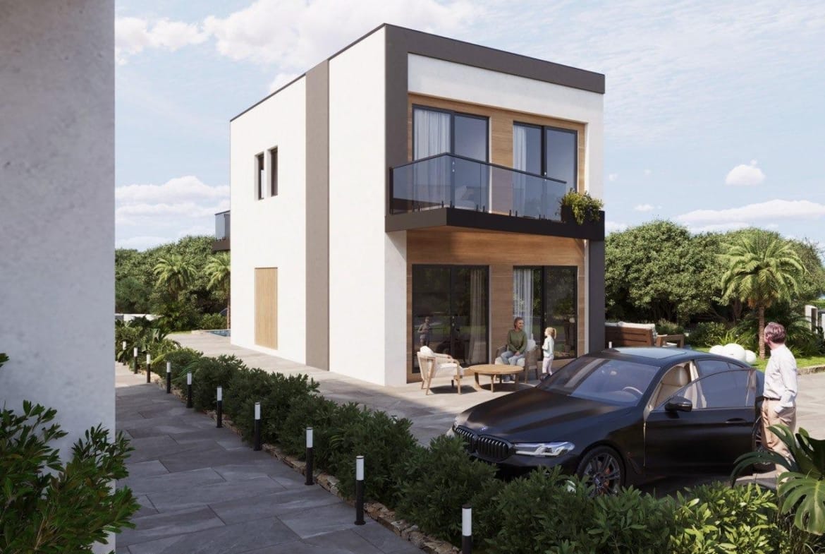Modern energy-efficient 3-bedroom villa in Finestrat with sleek balcony, sunlit terrace, landscaped garden, and luxury car parked outside.