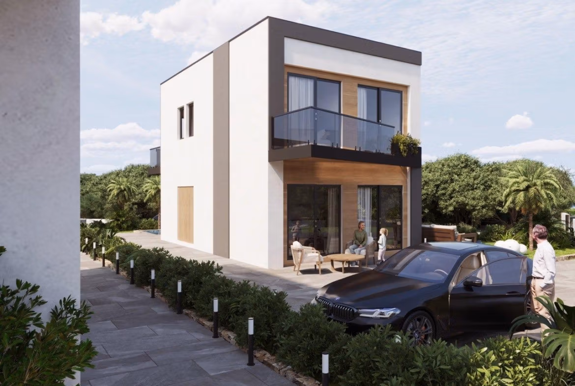 Modern-New-Build-Villas-in-Finestrat-with-Private-Pool-Near-Benidorm-9 Modern energy-efficient 3-bedroom villa in Finestrat with sleek balcony, sunlit terrace, landscaped garden, and luxury car parked outside.