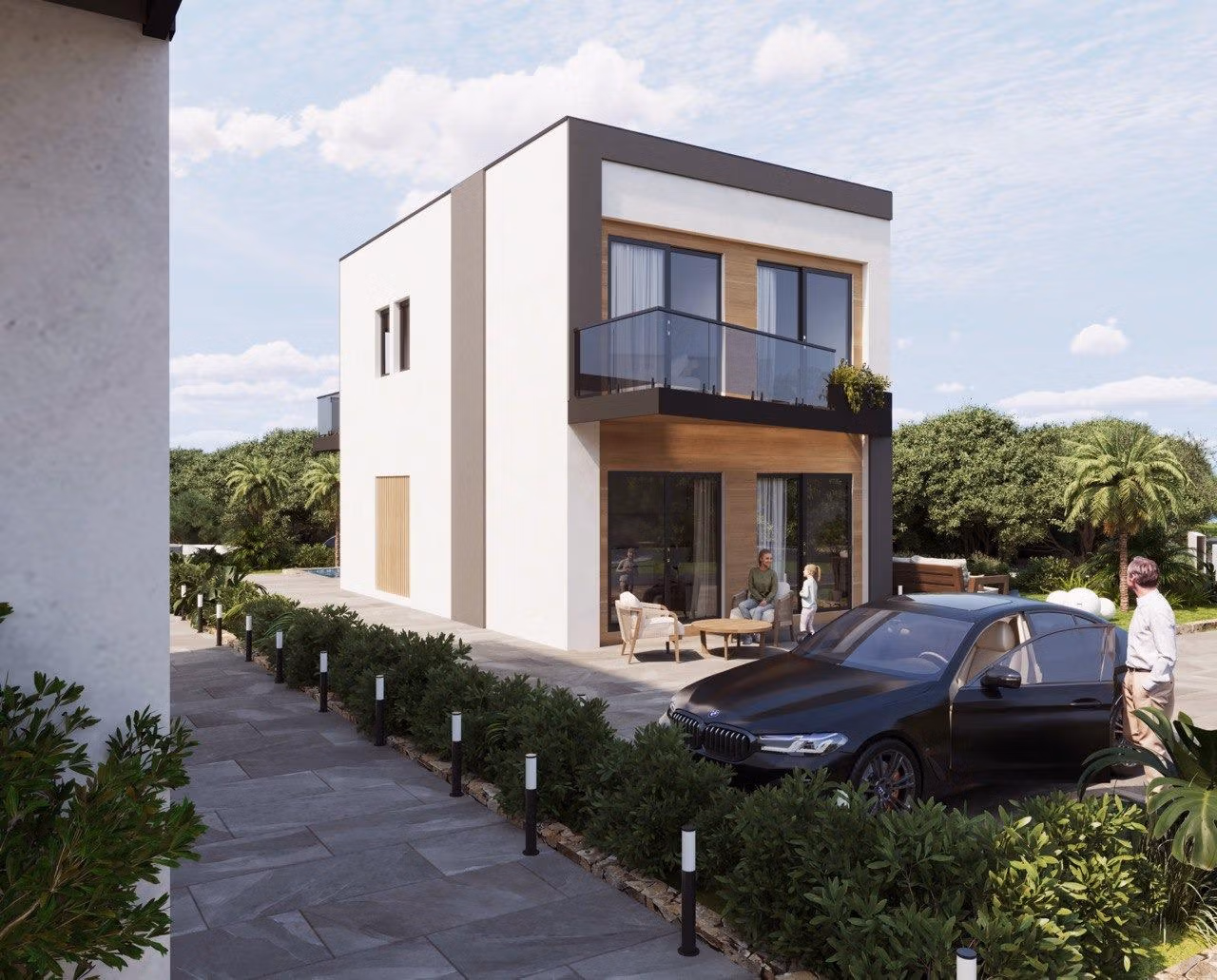 Modern-New-Build-Villas-in-Finestrat-with-Private-Pool-Near-Benidorm-9 Modern energy-efficient 3-bedroom villa in Finestrat with sleek balcony, sunlit terrace, landscaped garden, and luxury car parked outside.