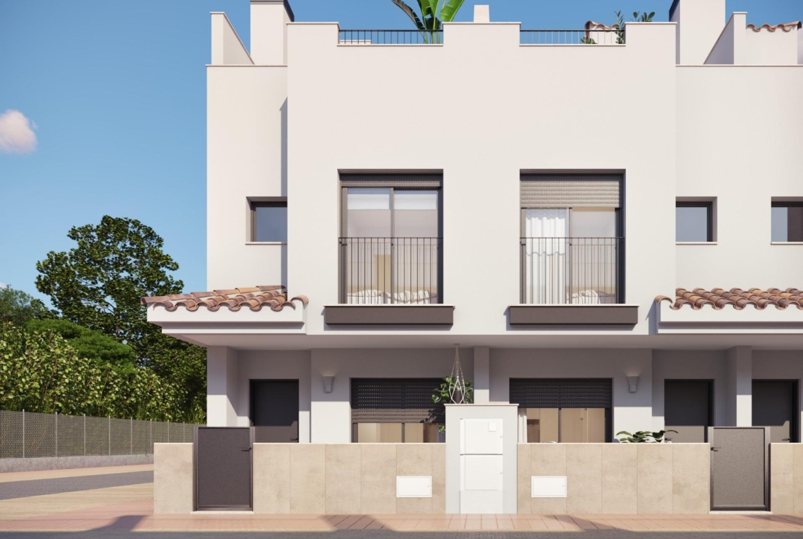 Modern stylish two-bedroom townhouse exterior with rooftop solarium and terracotta roof tiles in sunny Santa Rosalía, Torre Pacheco