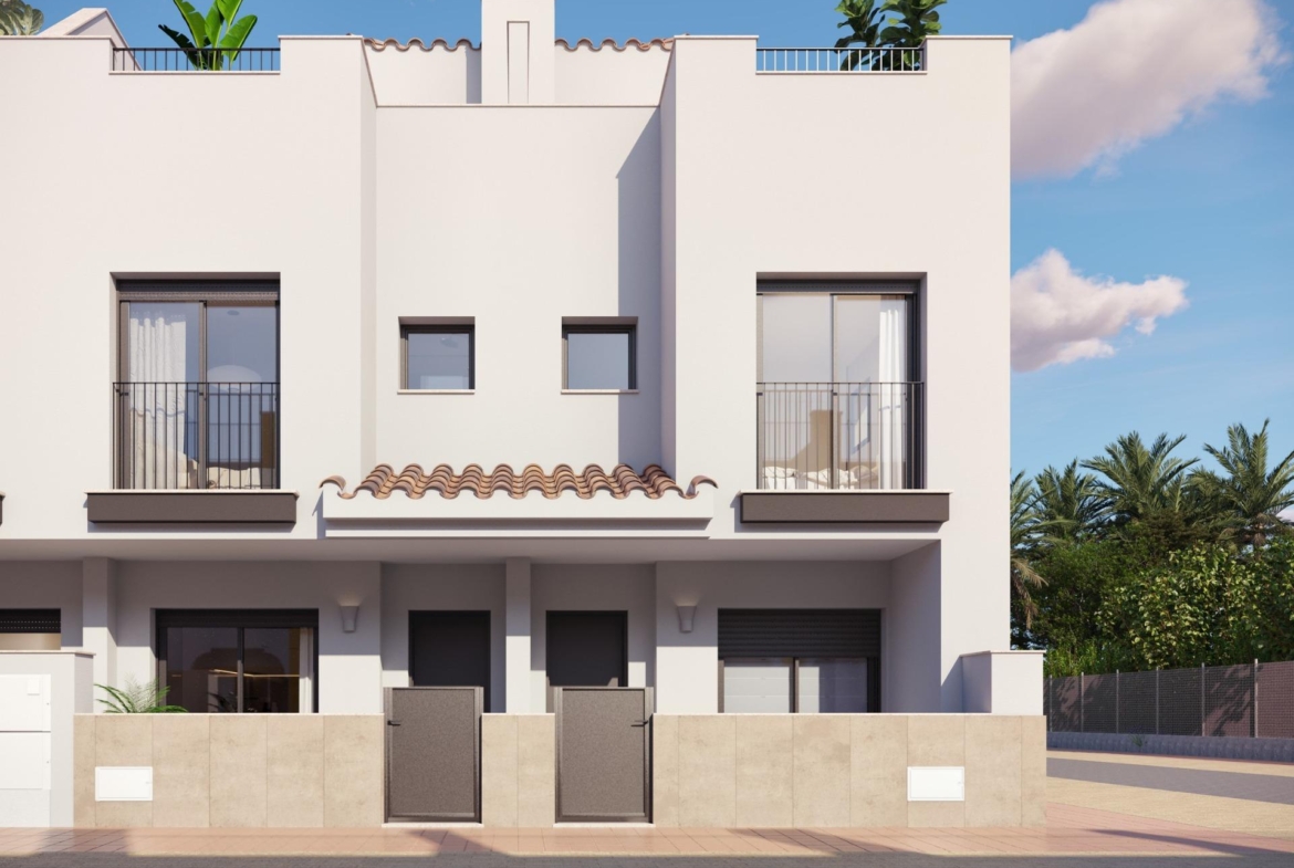 Bright modern exterior of stylish new build 2 bedroom townhouse with balconies in sunlit Santa Rosalía, Torre Pacheco