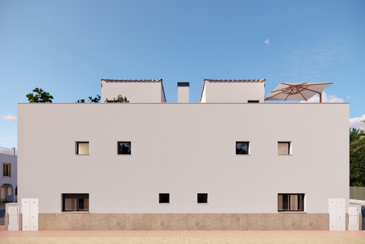 Modern two-bedroom townhouse exterior with rooftop solarium and parasol under clear blue sky in Santa Rosalía, Torre Pacheco