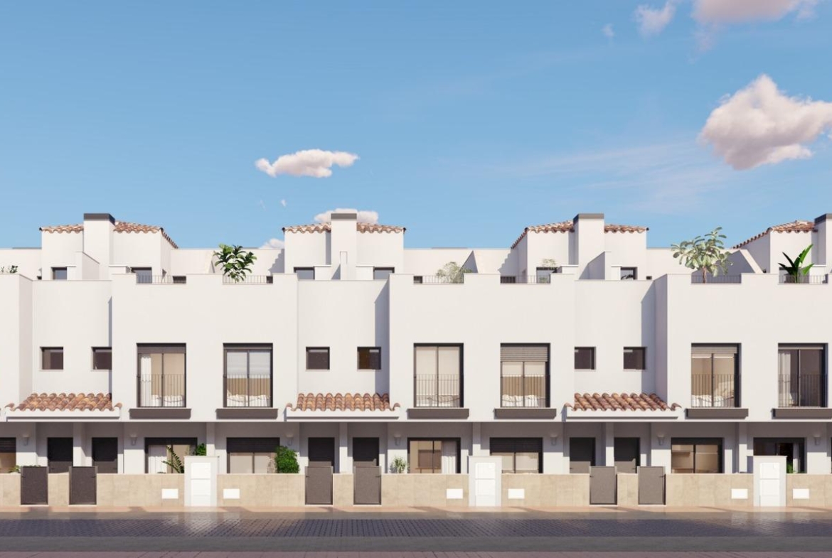 Modern white 2-bedroom townhouse row with stylish rooftop solariums and terracotta accents in sunlit Santa Rosalía, Torre Pacheco
