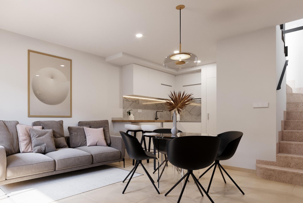 Bright modern open-plan living and dining area with sleek kitchen in stylish 2-bedroom townhouse in Santa Rosalía, Torre Pacheco