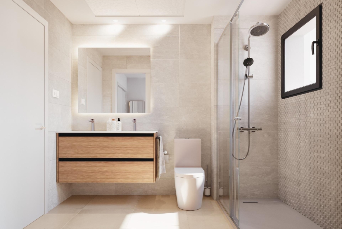 Bright modern bathroom with sleek wood vanity and glass shower in stylish 2 bedroom townhouse in Santa Rosalía, Torre Pacheco