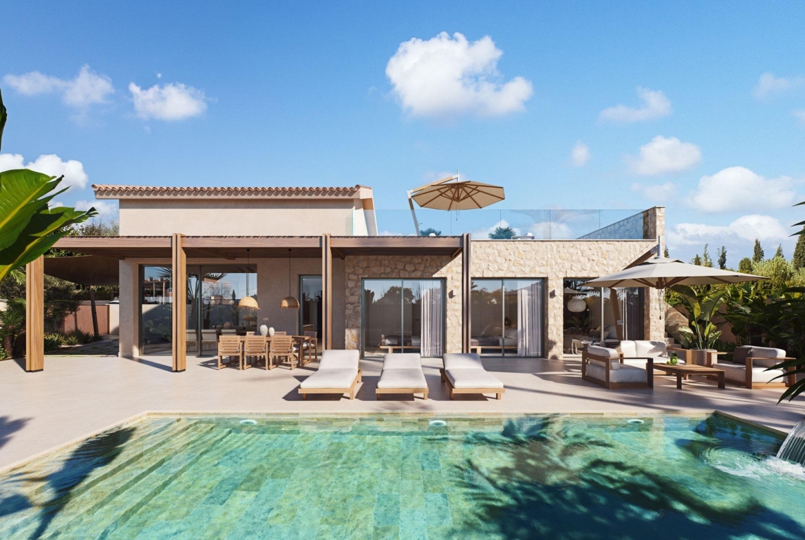 Sun-drenched modern villa with private pool, spacious terrace, and stylish outdoor seating in Cabo de Palos, Costa Cálida.