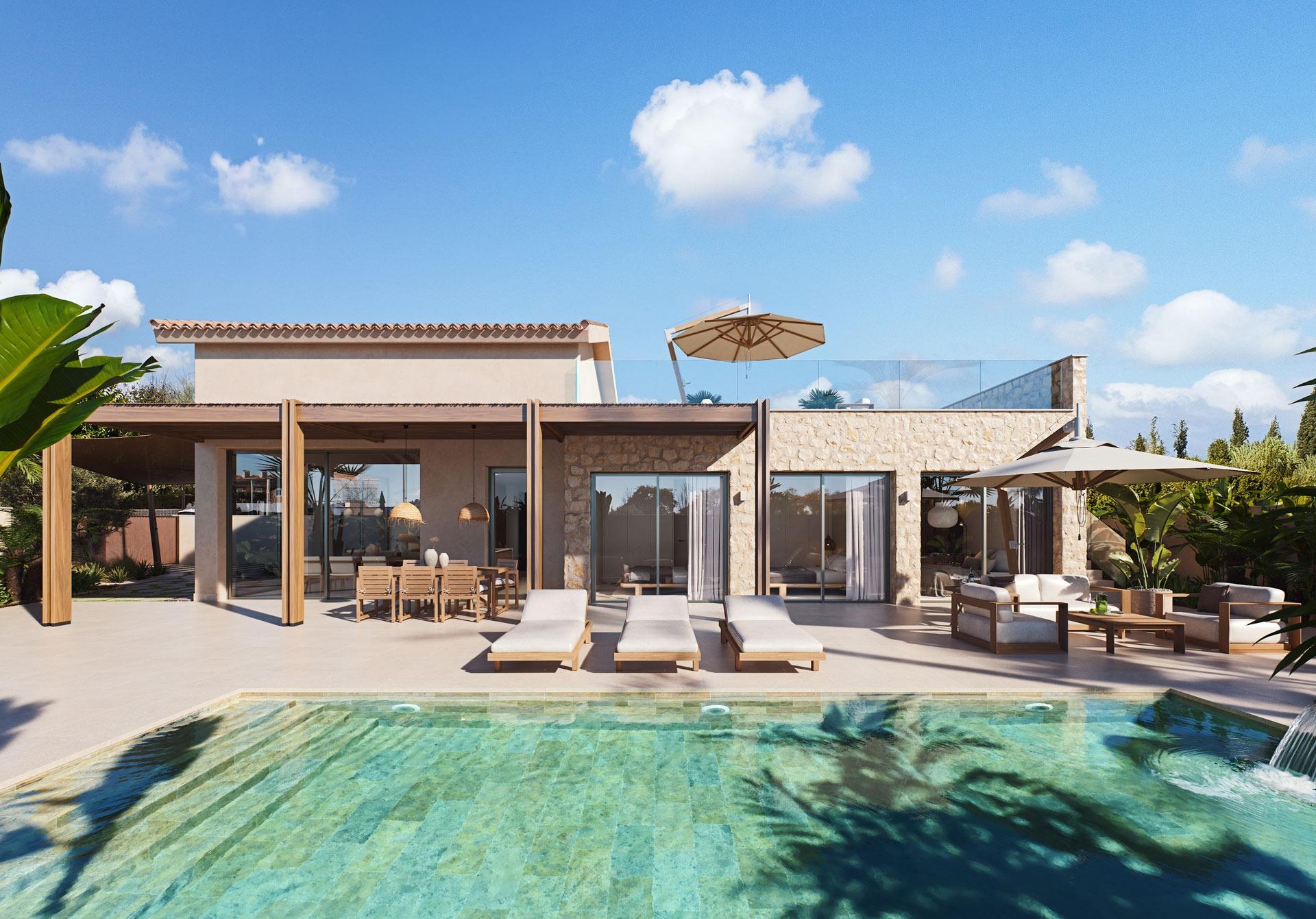 Sun-drenched modern villa with private pool, spacious terrace, and stylish outdoor seating in Cabo de Palos, Costa Cálida.