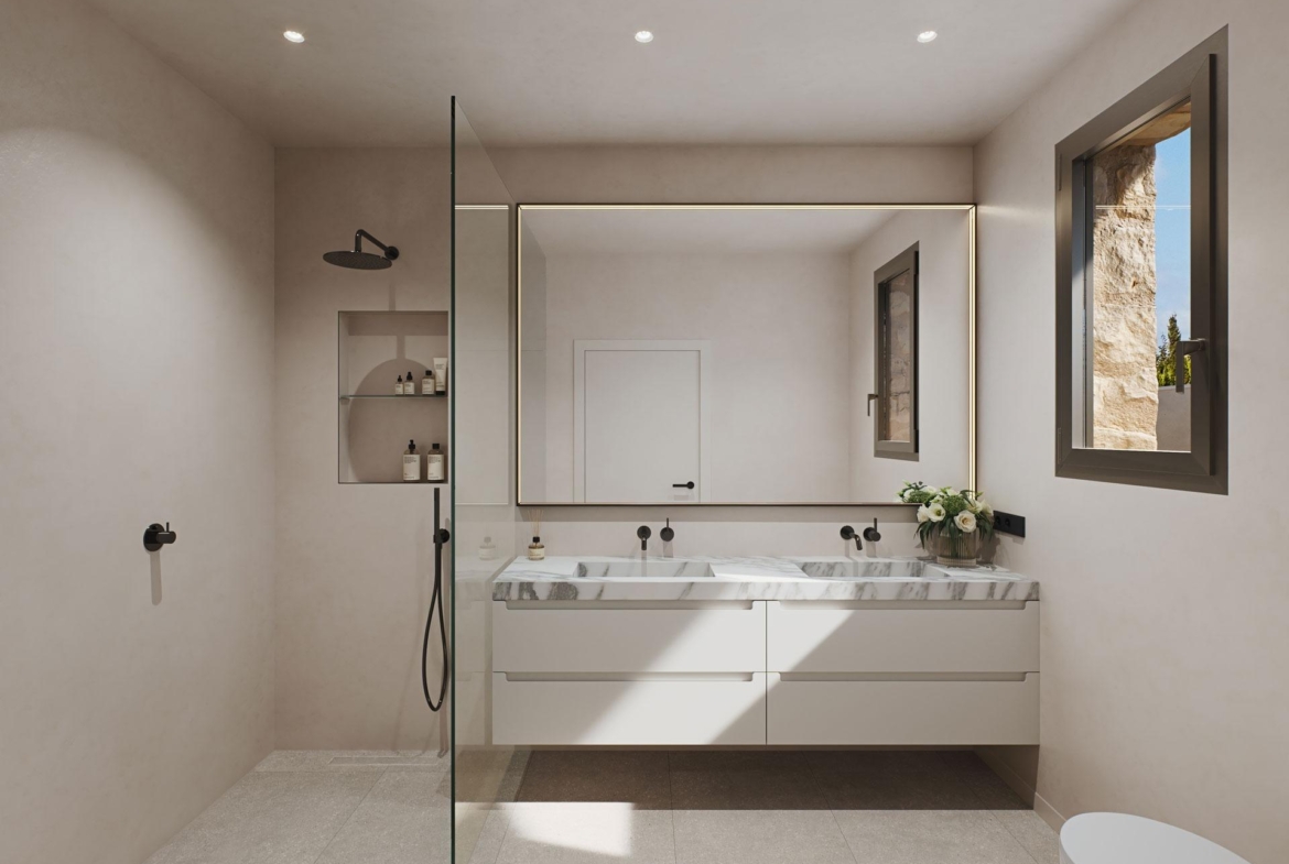 Bright, elegant bathroom with marble double vanity and walk-in shower in modern villa near beach in Cabo de Palos, Costa Cálida