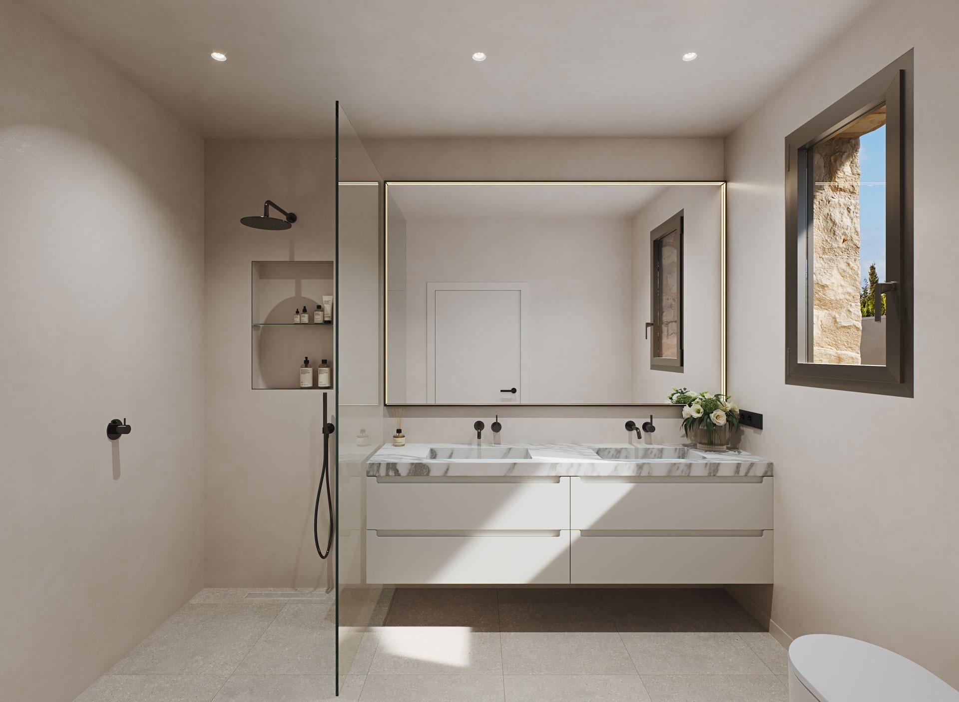 Bright, elegant bathroom with marble double vanity and walk-in shower in modern villa near beach in Cabo de Palos, Costa Cálida