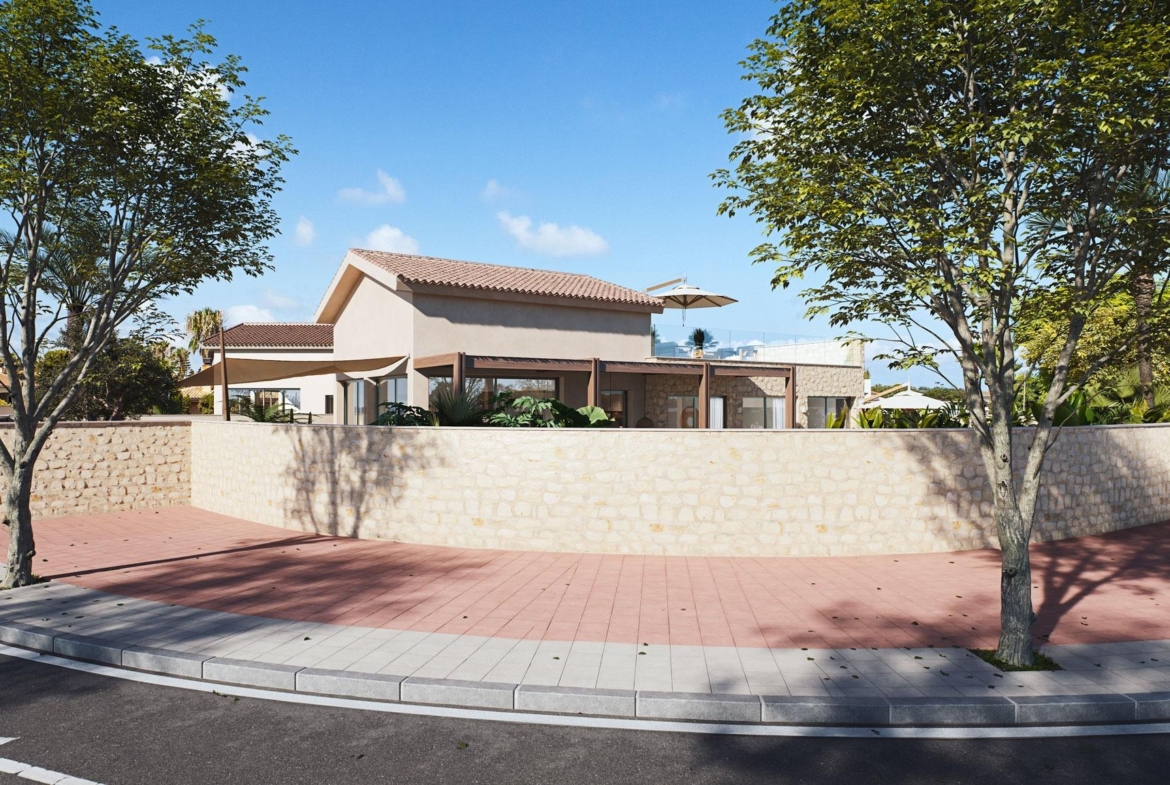 Elegant modern villa with terracotta roof and stone wall, nestled among mature trees in Cabo de Palos, Costa Cálida.