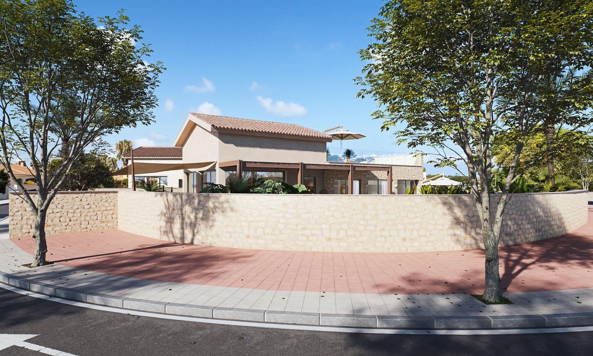 Elegant modern villa with terracotta roof and stone wall, nestled among mature trees in Cabo de Palos, Costa Cálida.