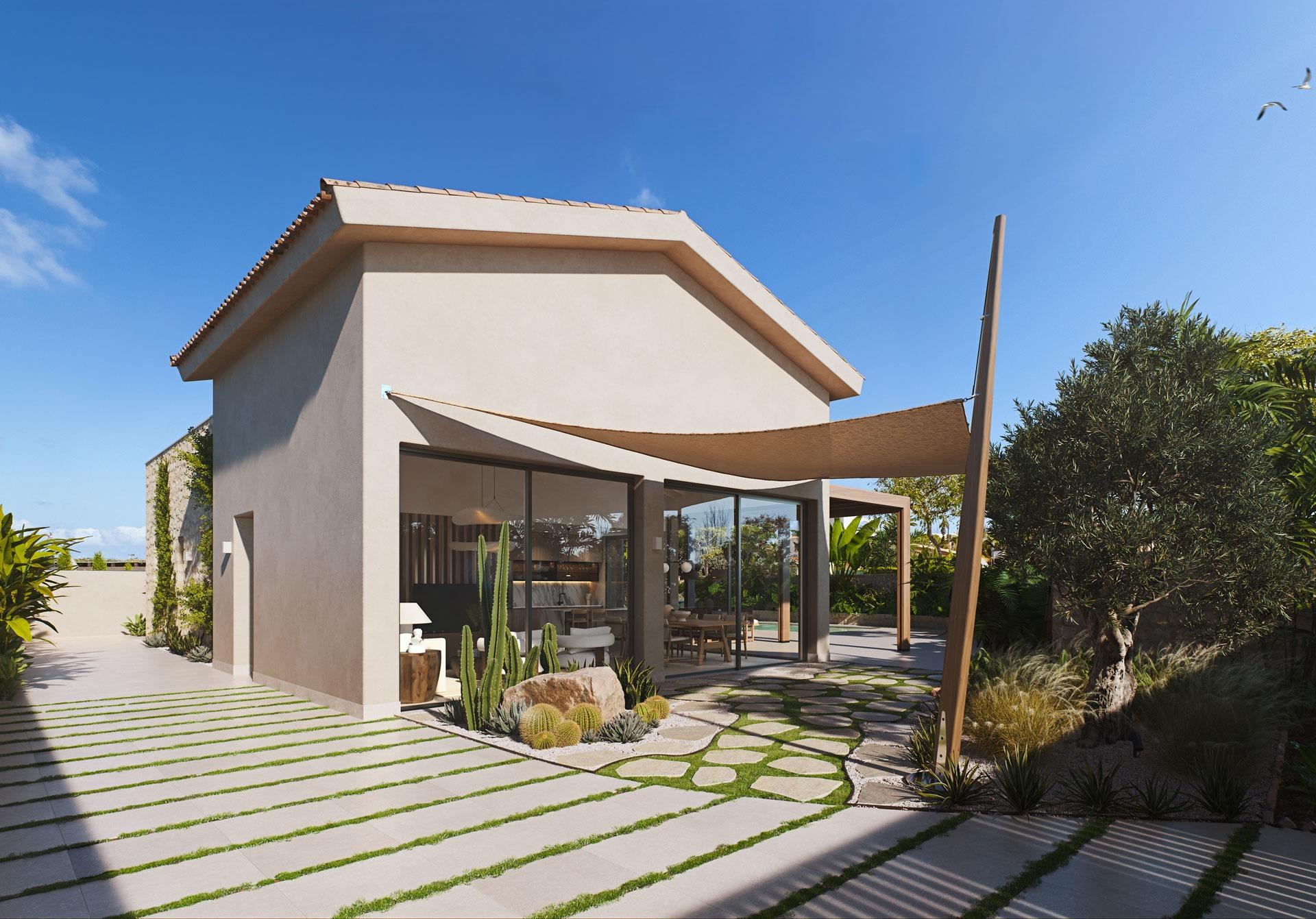 Elegant modern villa exterior in Cabo de Palos with sun-drenched terrace and minimalist landscaped garden just 150 meters from the beach