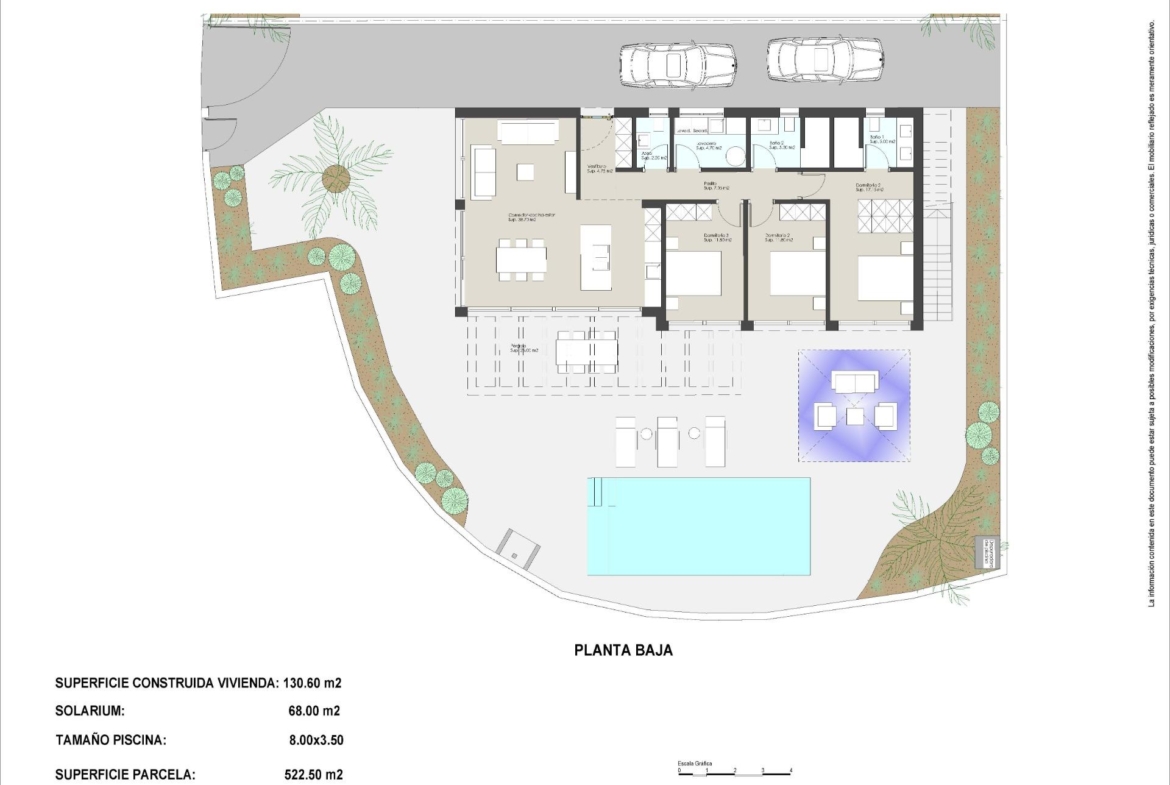 Spacious modern villa floor plan in Cabo de Palos with open-plan living, three bedrooms, terrace, and pool just 150 meters from the beach