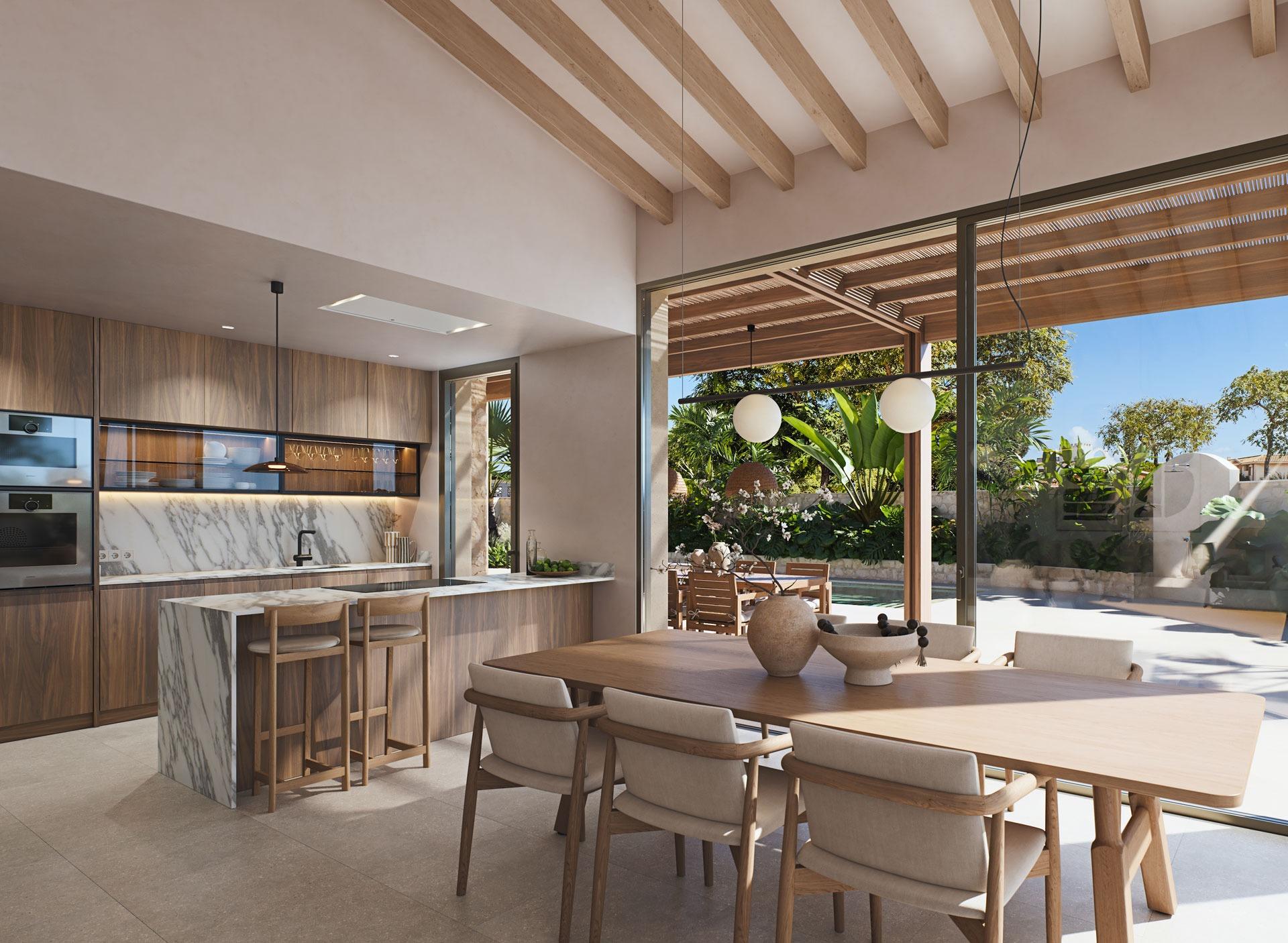 Sun-drenched modern villa dining area and sleek kitchen with marble island, open to a lush terrace in Cabo de Palos, Costa Cálida.