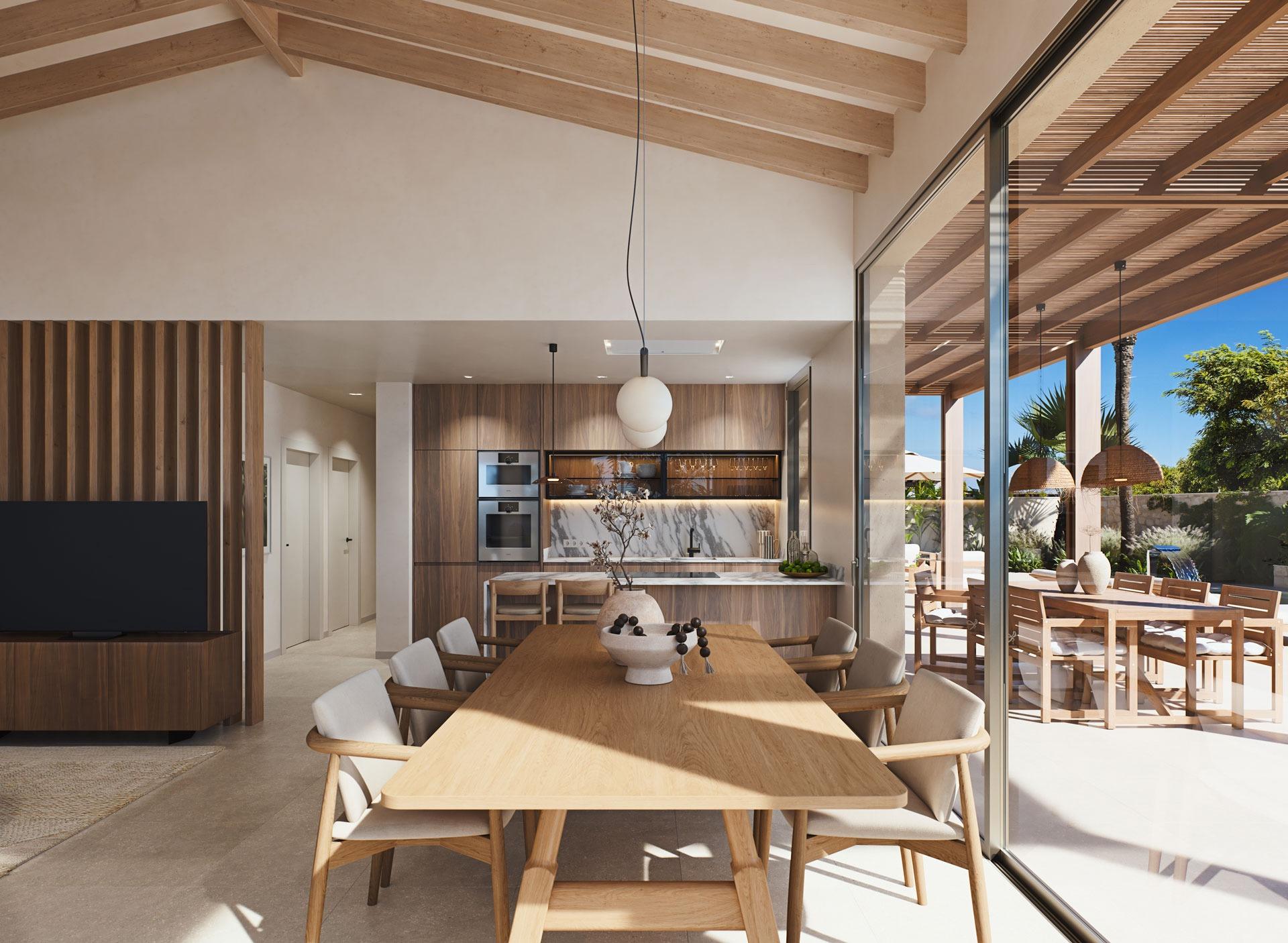 Bright open-plan dining and kitchen area with wooden accents and terrace access in modern villa near Cabo de Palos beach.