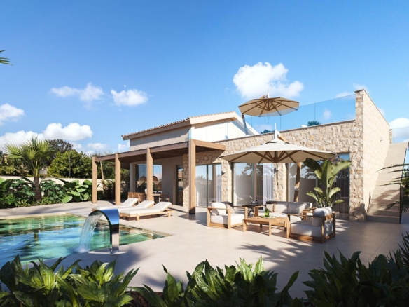 Sun-drenched modern villa exterior in Cabo de Palos with private pool, elegant lounge terrace, and lush landscaped surroundings.