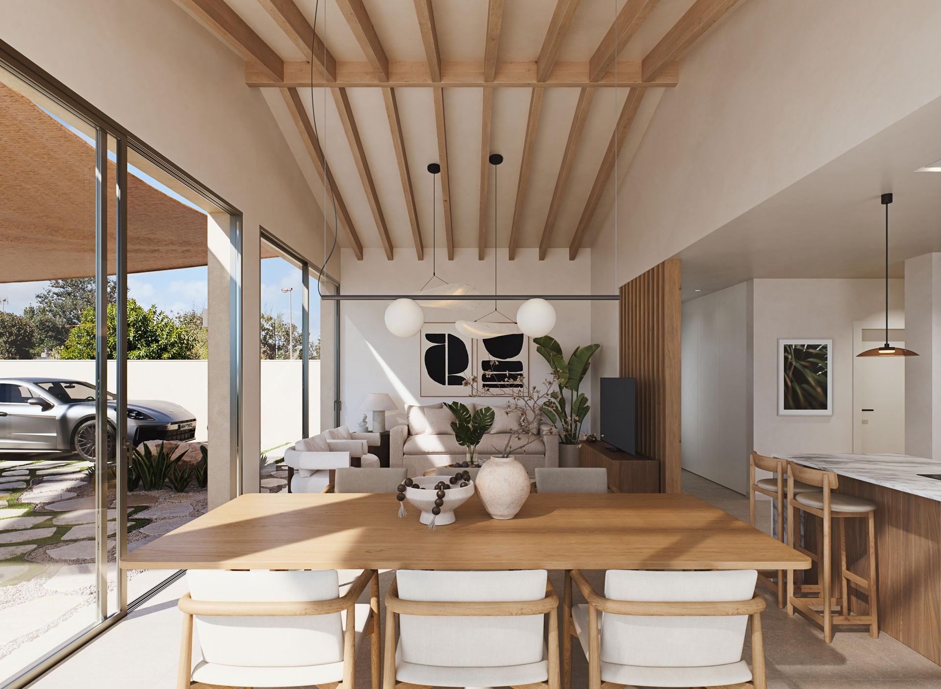 Bright, airy modern villa dining and living area with vaulted ceilings, sleek wood accents, and sliding glass doors in Cabo de Palos.
