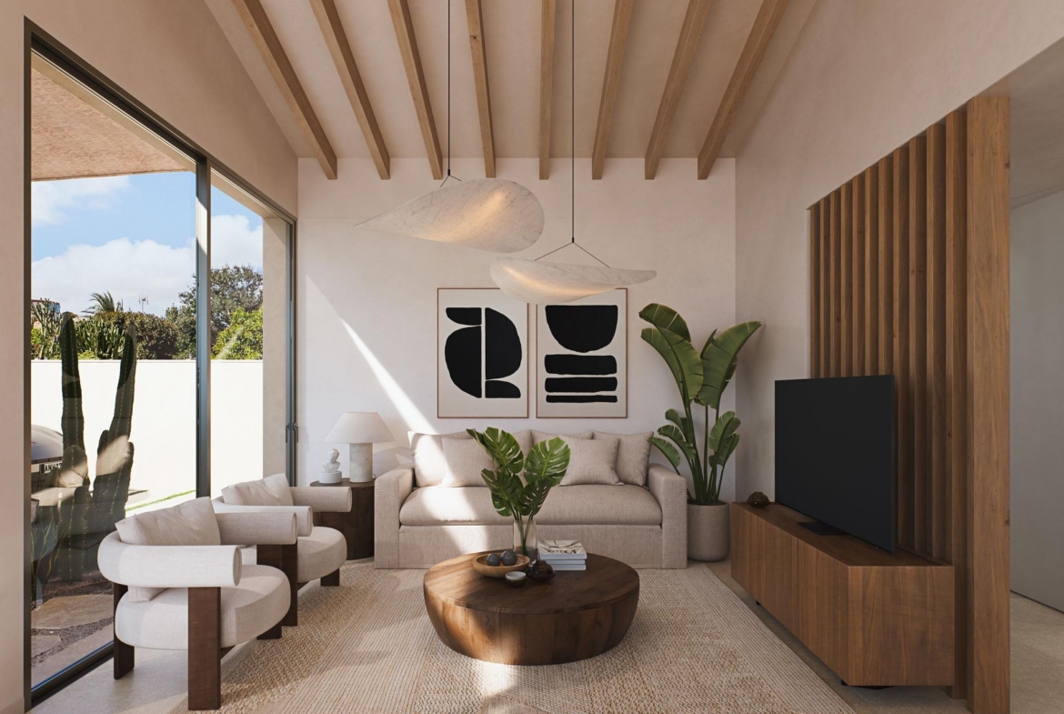 Bright, modern living room with natural wood accents and lush plants in a luxury villa near the beach in Cabo de Palos, Costa Cálida.