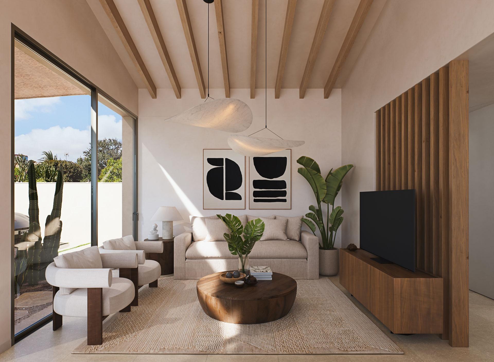 Bright, modern living room with natural wood accents and lush plants in a luxury villa near the beach in Cabo de Palos, Costa Cálida.
