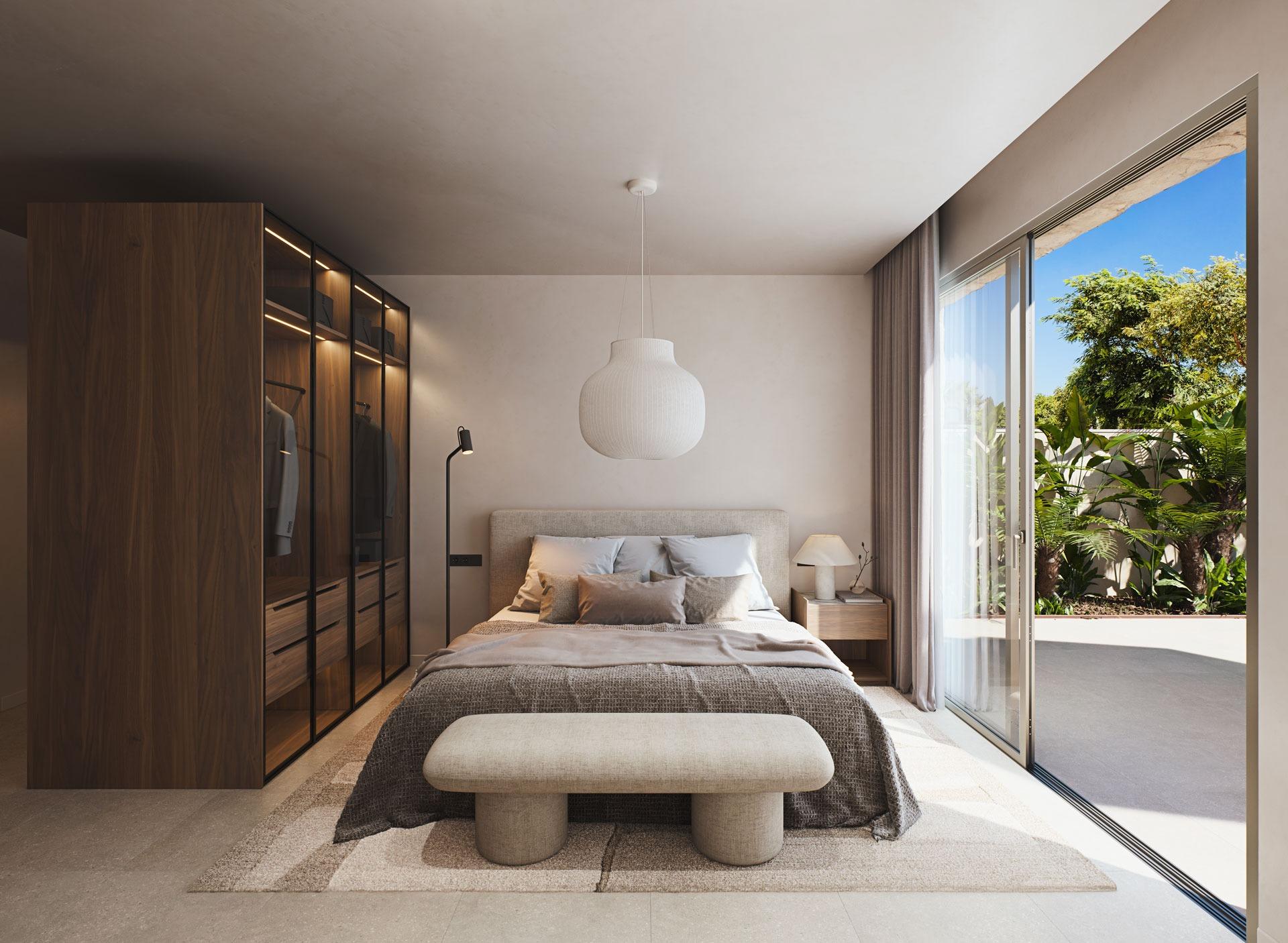 Bright, modern bedroom with plush bedding and glass wardrobe, opening to a private terrace in a luxury villa near Cabo de Palos beach.