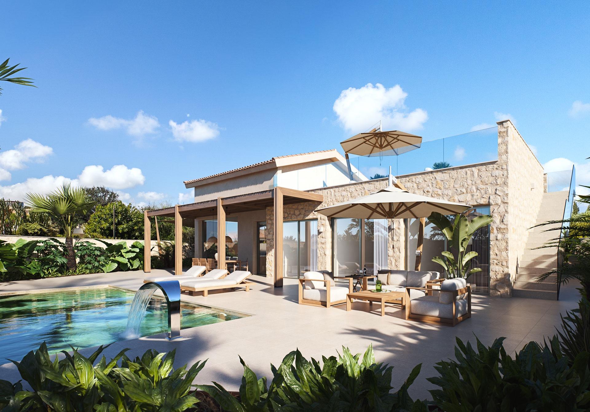 Sun-drenched modern villa exterior in Cabo de Palos with private pool, elegant lounge terrace, and lush landscaped surroundings.