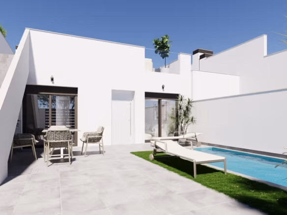 Imagen de vivienda de esquina de obra nueva con 2 dormitorios y piscina privada en venta en el alba mediterranean resort, torre pacheco, murcia con diseño moderno, terraza y piscina privada