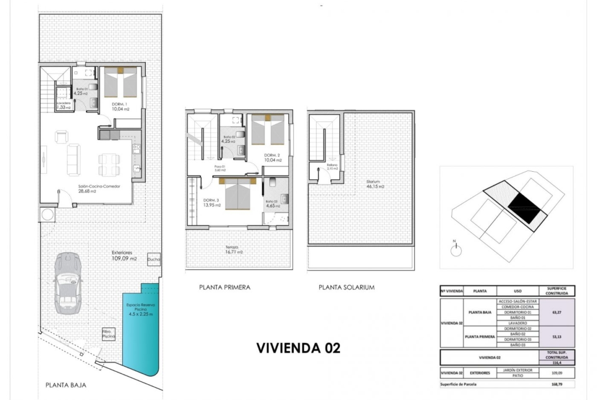 Detailed floor plan of a modern 3-bedroom semi-detached villa with private pool in sunlit Pilar de la Horadada.