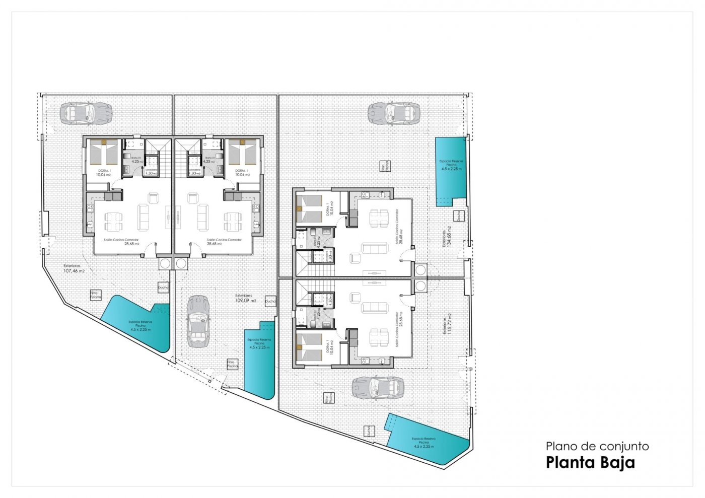 Modern new build 3 bedroom semi-detached villa floor plan with spacious living areas, private pools, and outdoor terraces in Pilar de la Horadada