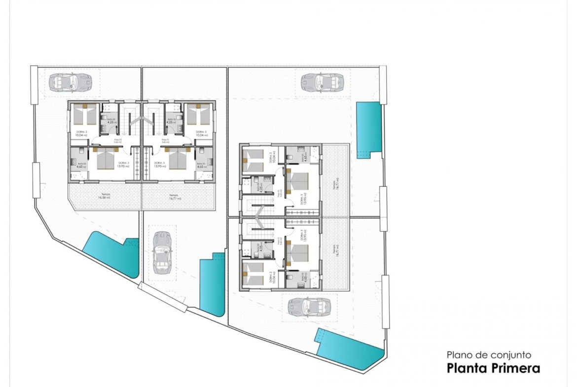 Detailed floor plan of modern new build 3-bedroom semi-detached villa with private pools in Pilar de la Horadada.