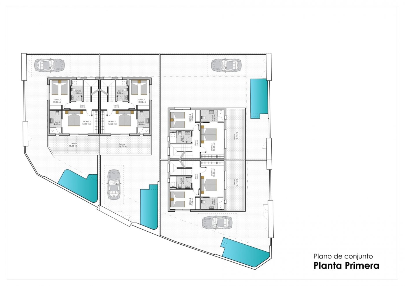 Detailed floor plan of modern new build 3-bedroom semi-detached villa with private pools in Pilar de la Horadada.