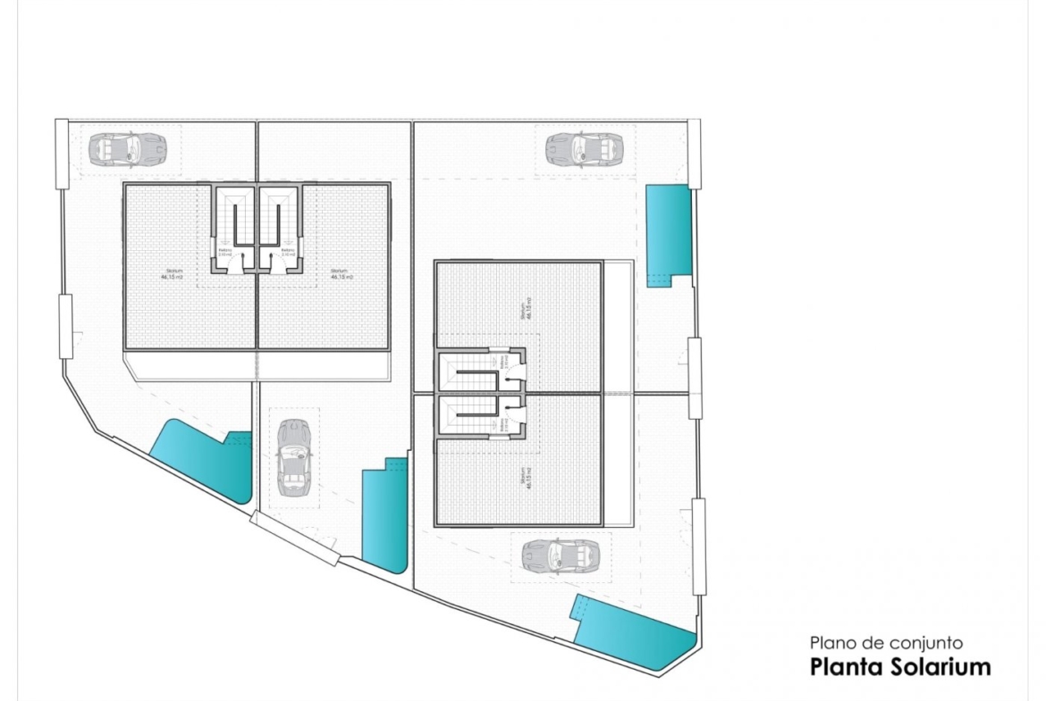 Detailed floor plan highlighting the spacious solarium and private pool areas of the modern 3-bedroom semi-detached villa in Pilar de la Horadada.