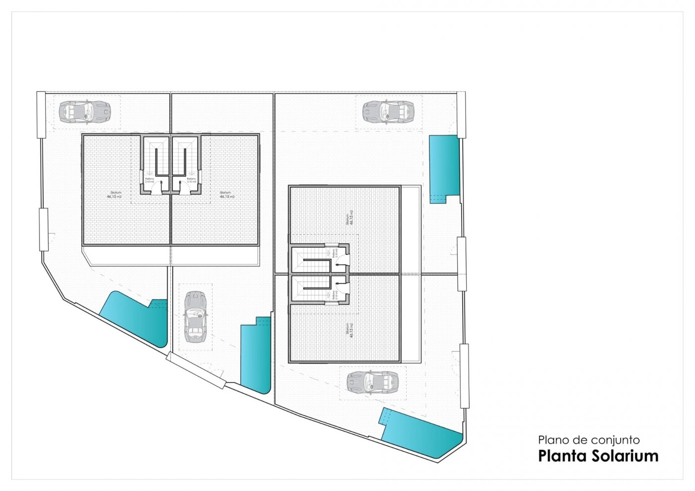 Detailed floor plan highlighting the spacious solarium and private pool areas of the modern 3-bedroom semi-detached villa in Pilar de la Horadada.
