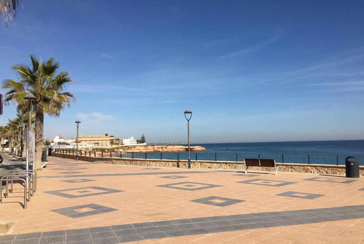 Sun-drenched waterfront promenade with palm trees and panoramic sea views near luxury villas in Pilar de la Horadada