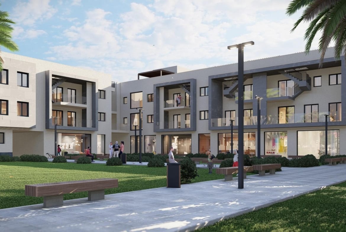 Modern, sun-drenched new build 3-bedroom apartment complex exterior with landscaped gardens in Torre-Pacheco, Murcia.