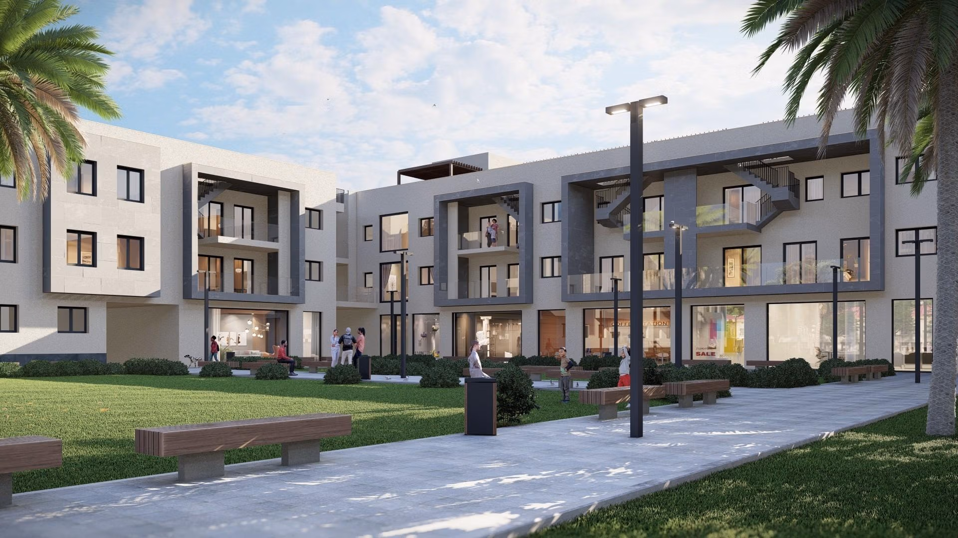 Modern, sun-drenched new build 3-bedroom apartment complex exterior with landscaped gardens in Torre-Pacheco, Murcia.