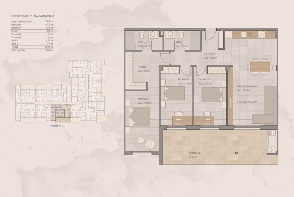 Spacious floor plan of a modern 3-bedroom apartment with open living area and large terrace in Torre-Pacheco, Murcia.