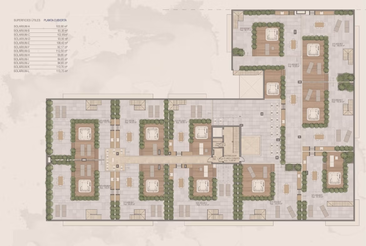 Spacious rooftop terrace floor plan with landscaped seating areas for new build 3-bedroom apartment in Torre-Pacheco, Murcia