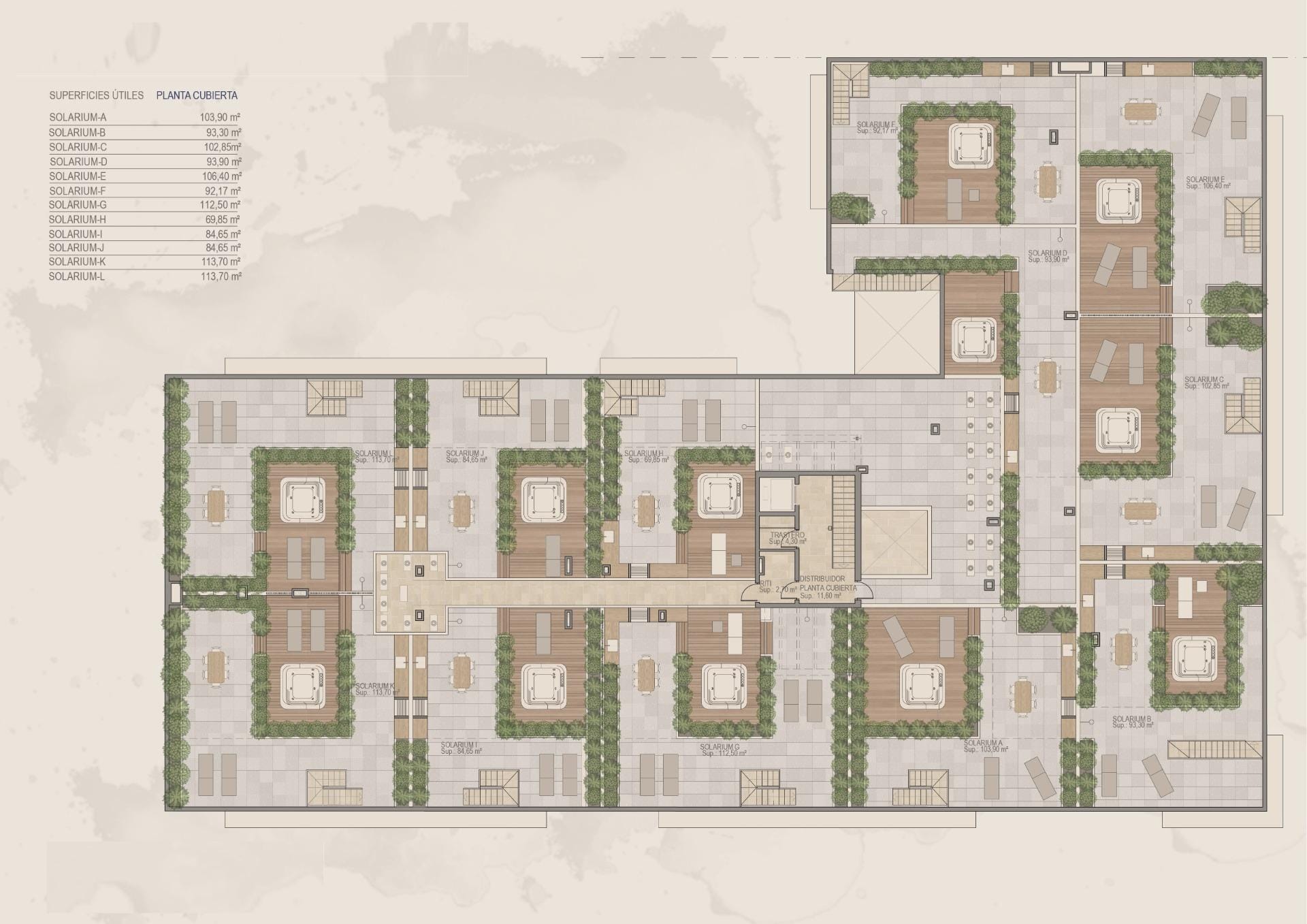 NEW-BUILD-APARTMENTS-IN-TORRE-PACHECO-11 Spacious rooftop terrace floor plan with landscaped seating areas for new build 3-bedroom apartment in Torre-Pacheco, Murcia