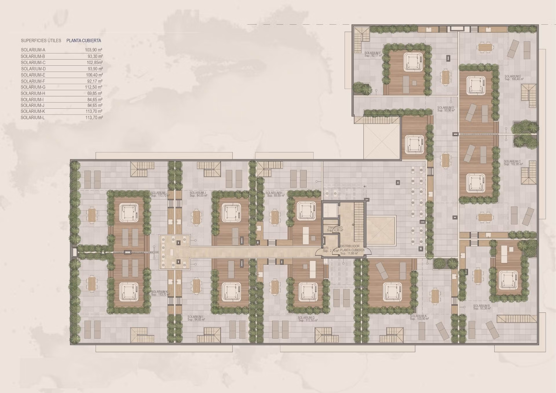 Spacious rooftop terrace floor plan with landscaped seating areas for new build 3-bedroom apartment in Torre-Pacheco, Murcia